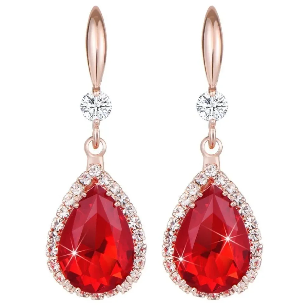 14K Rose Gold with Ruby Red Cubic Zirconia Teardrop Hook Dangling Earrings